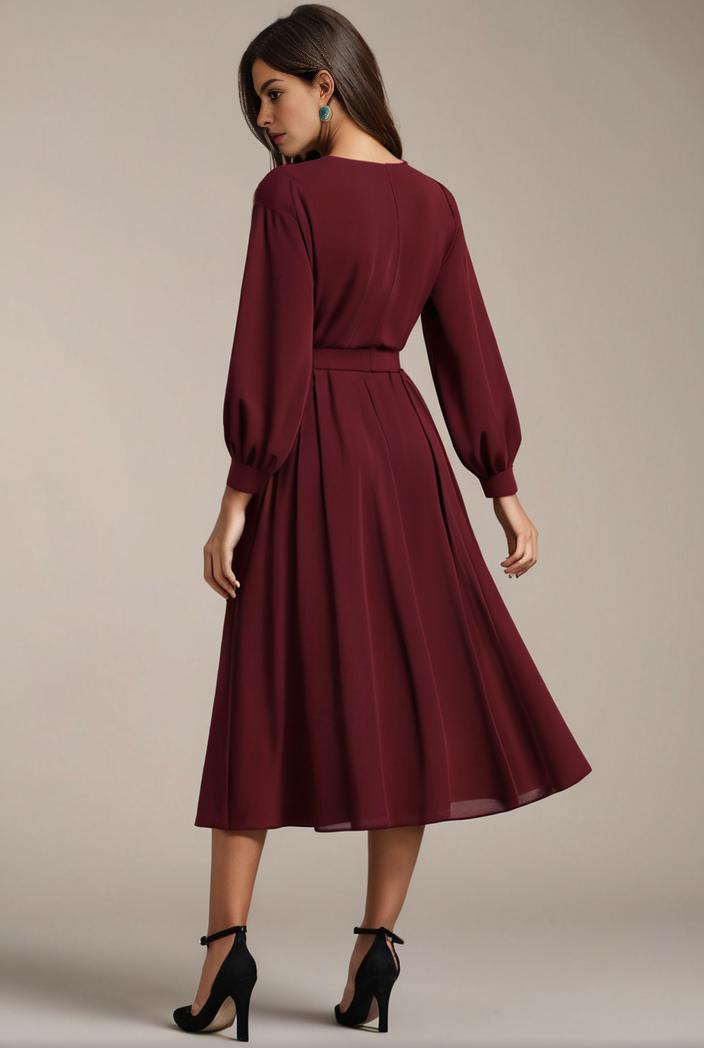 chiffon v neck long sleeves elastic band midi wedding guest dress 119129