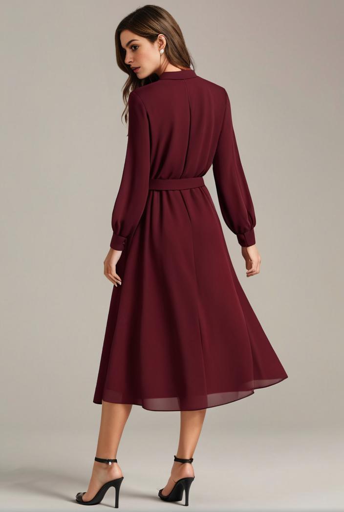 chiffon v neck long sleeves elastic band midi wedding guest dress 119130