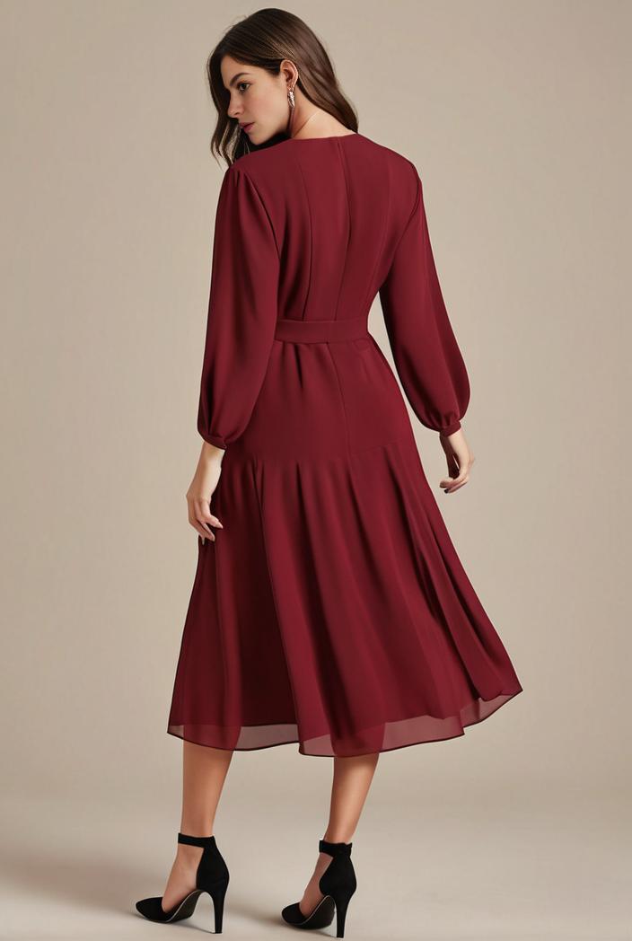 chiffon v neck long sleeves elastic band midi wedding guest dress 119131