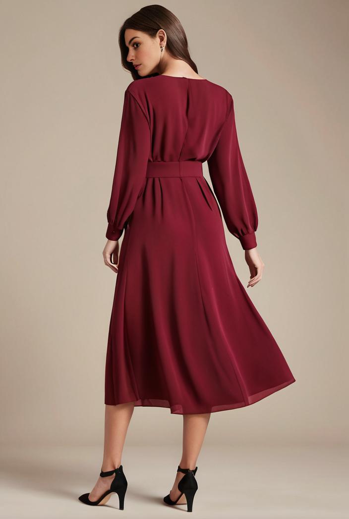 chiffon v neck long sleeves elastic band midi wedding guest dress 119132