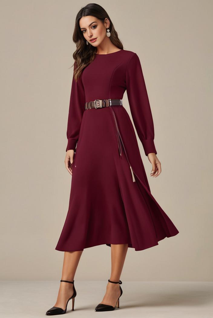 chiffon v neck long sleeves elastic band midi wedding guest dress 119134