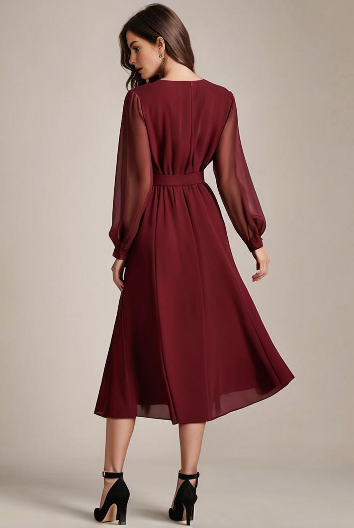 chiffon v neck long sleeves elastic band midi wedding guest dress 119135