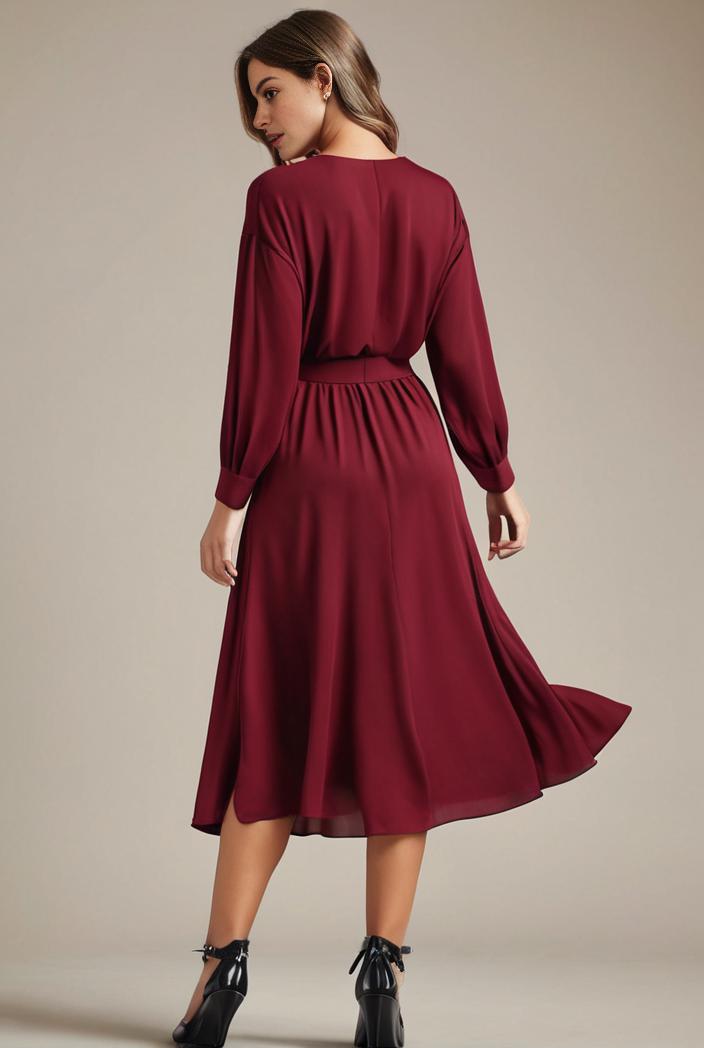 chiffon v neck long sleeves elastic band midi wedding guest dress 119136