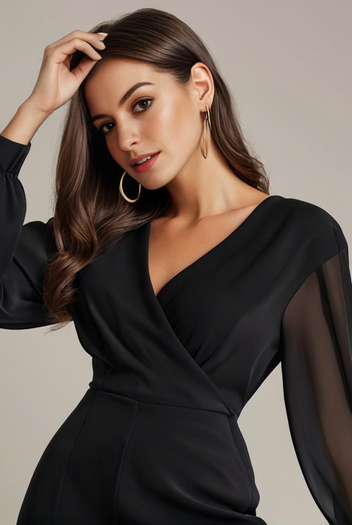 chiffon v neck long sleeves elastic band midi wedding guest dress 119138