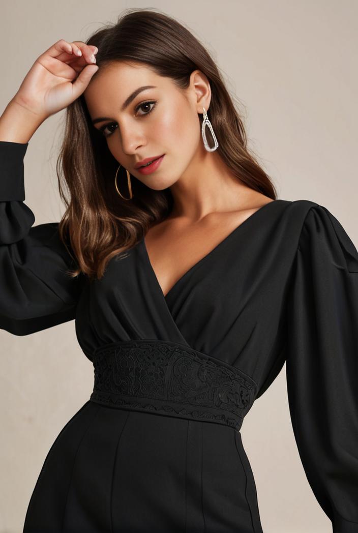 chiffon v neck long sleeves elastic band midi wedding guest dress 119139