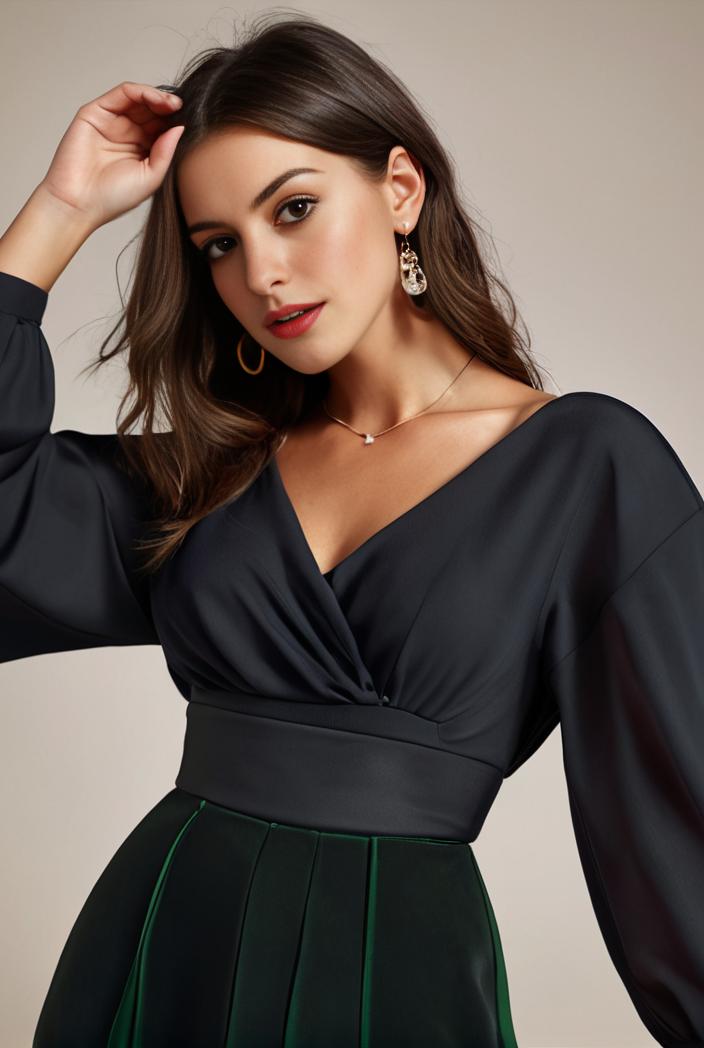 chiffon v neck long sleeves elastic band midi wedding guest dress 119144