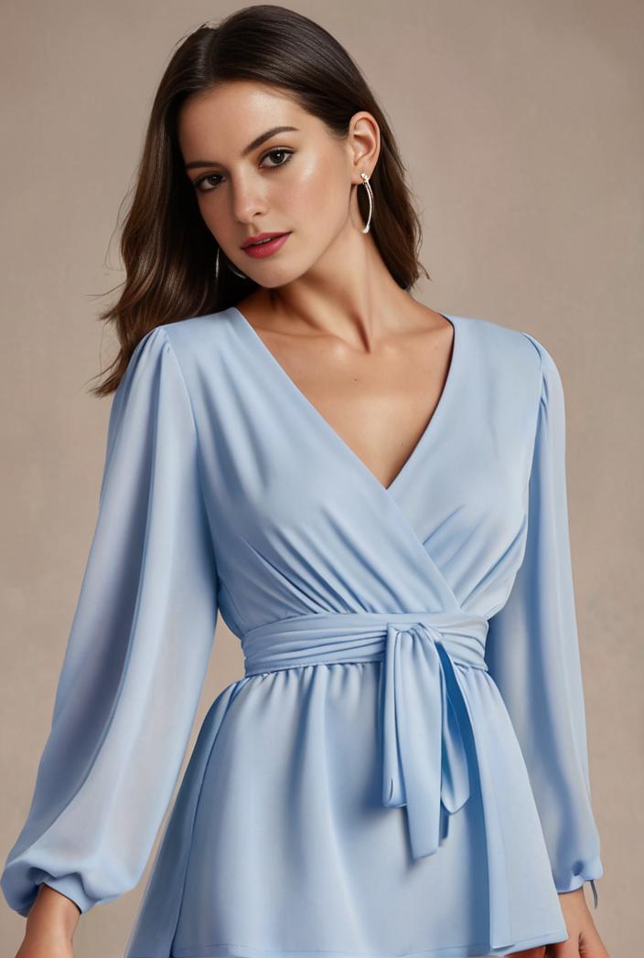 chiffon v neck long sleeves elastic band midi wedding guest dress 119145