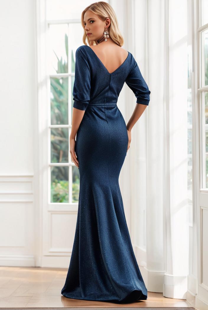 3 4 sleeve bodycon plunging back sequin evening dress 149253