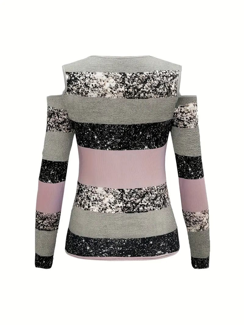 Zipper Color Block T-shirt, Casual Cold Shoulder Long Sleeve Tee for Women