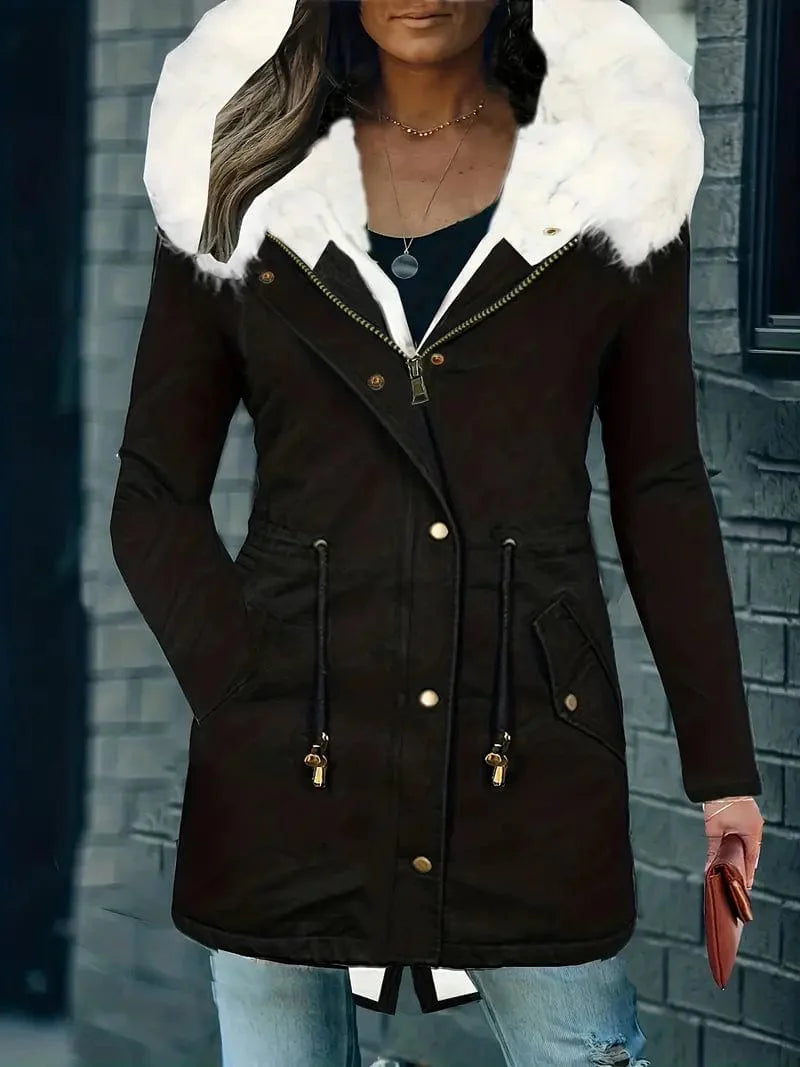 Zip-Up Faux Fur Hood Parka Coat with Thermal Lining