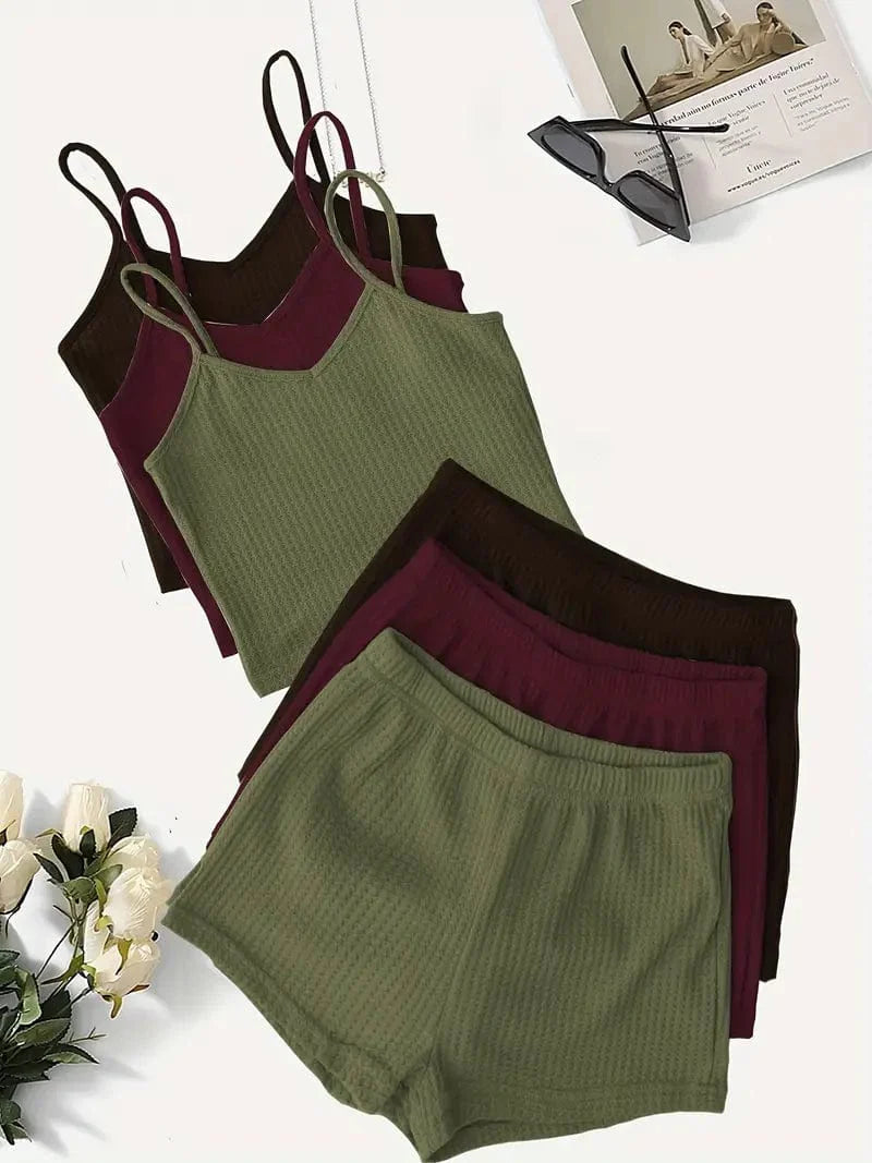 3 Sets of Two-Piece Loungewear, Including 3 Cami Tops and 3 Elastic Shorts for Women