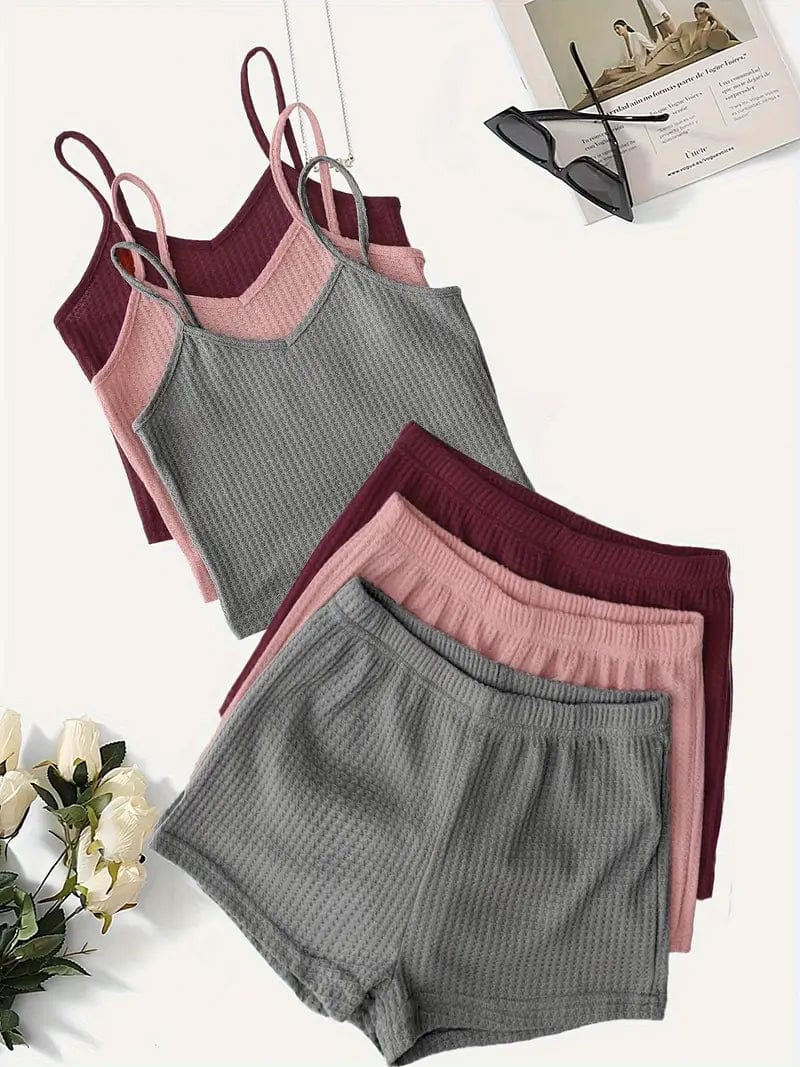 3 Sets of Two-Piece Loungewear, Including 3 Cami Tops and 3 Elastic Shorts for Women