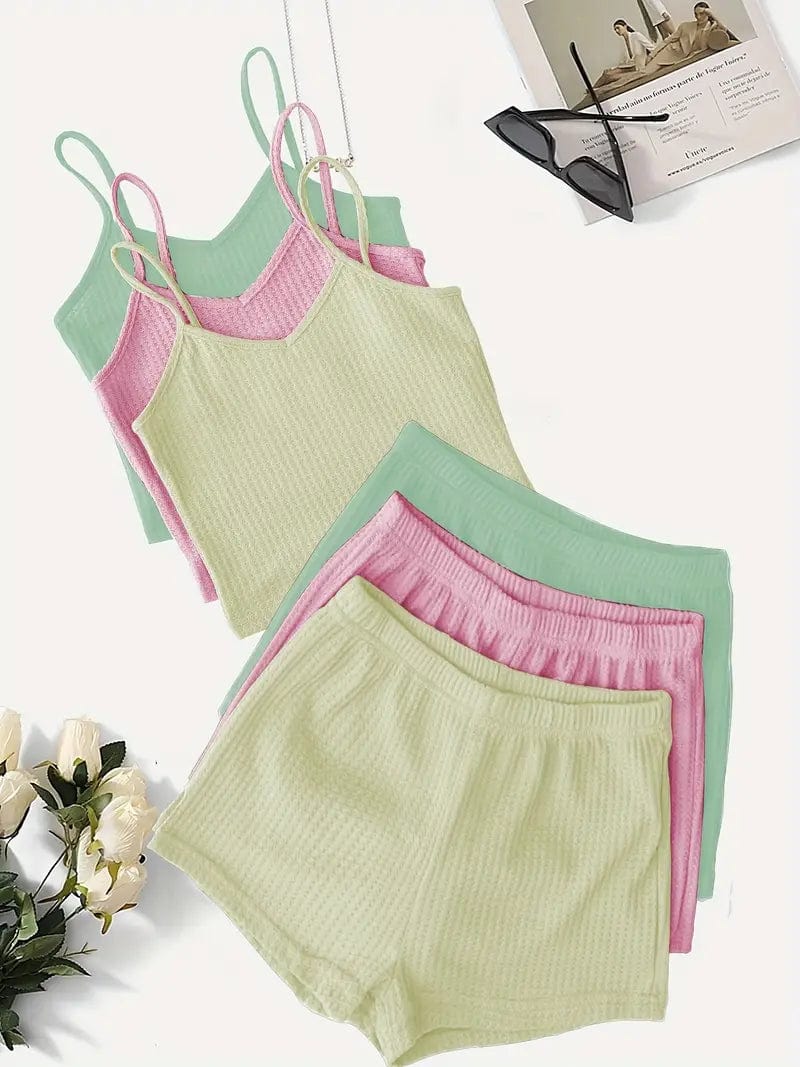 3 Sets of Two-Piece Loungewear, Including 3 Cami Tops and 3 Elastic Shorts for Women
