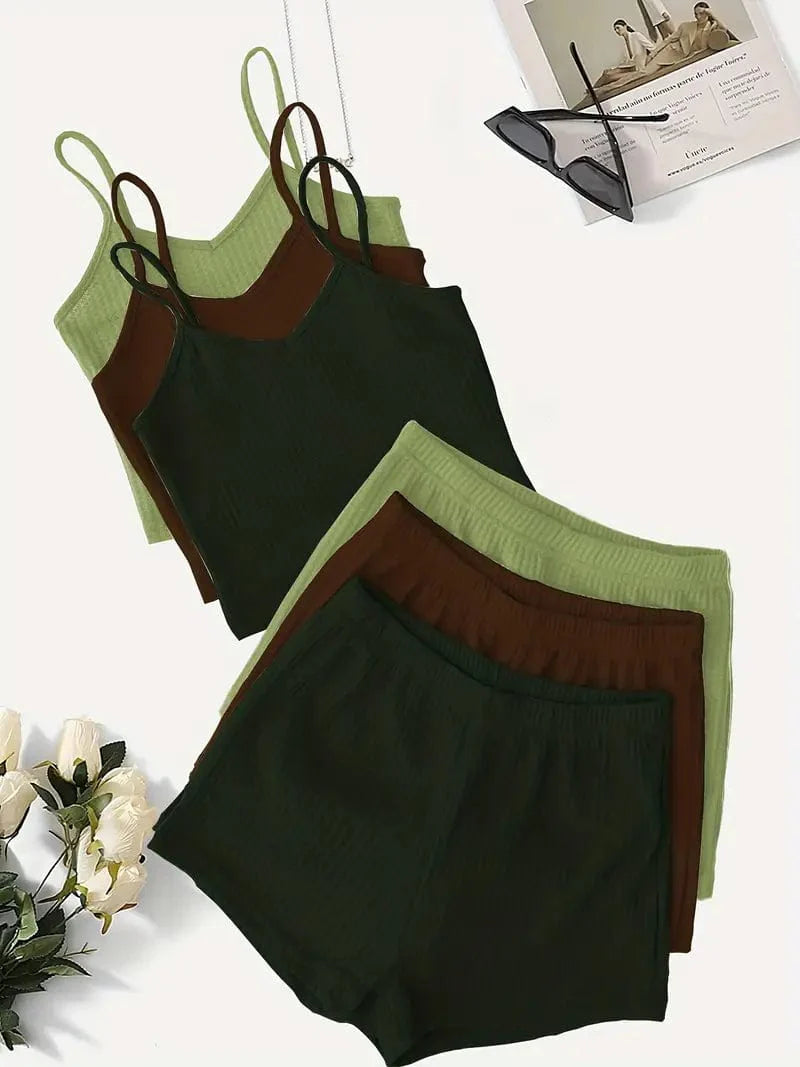 3 Sets of Two-Piece Loungewear, Including 3 Cami Tops and 3 Elastic Shorts for Women