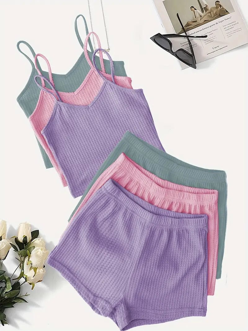 3 Sets of Two-Piece Loungewear, Including 3 Cami Tops and 3 Elastic Shorts for Women