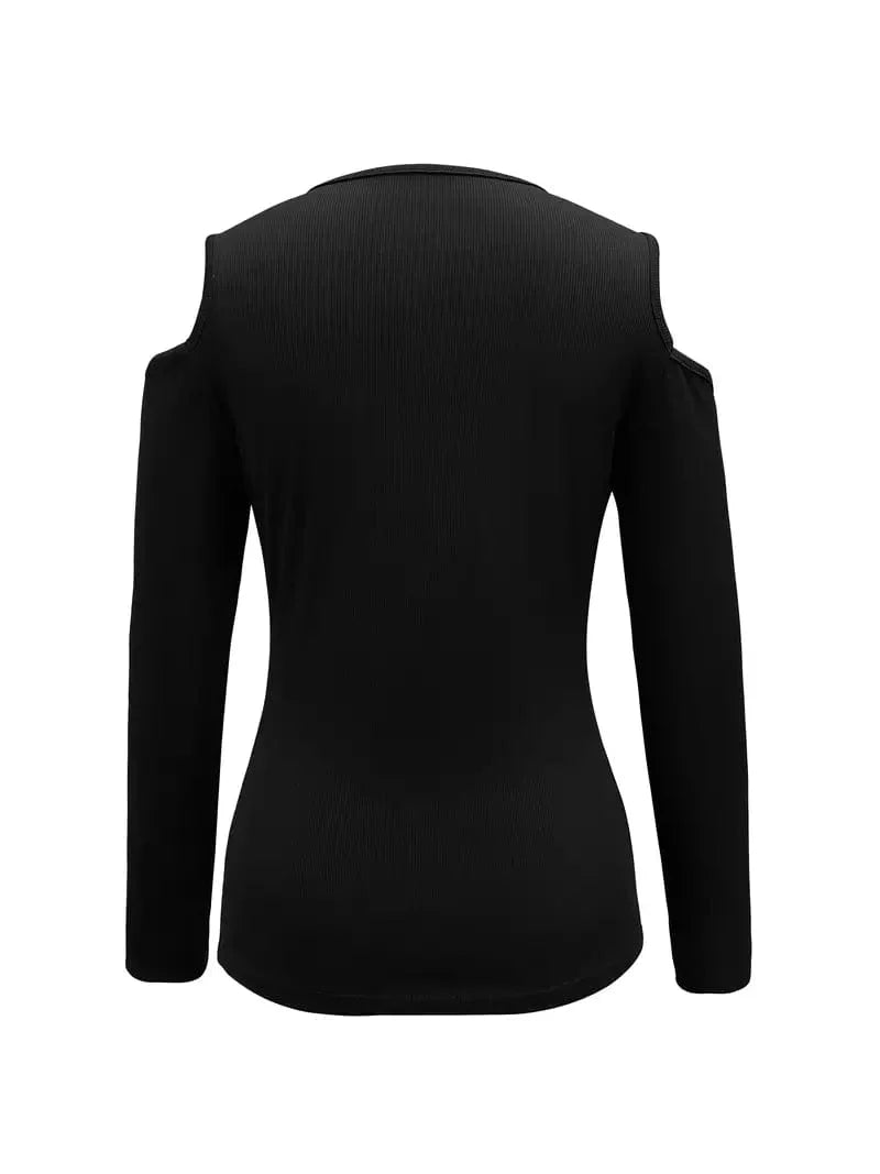 Zipper Color Block T-shirt, Casual Cold Shoulder Long Sleeve Tee for Women