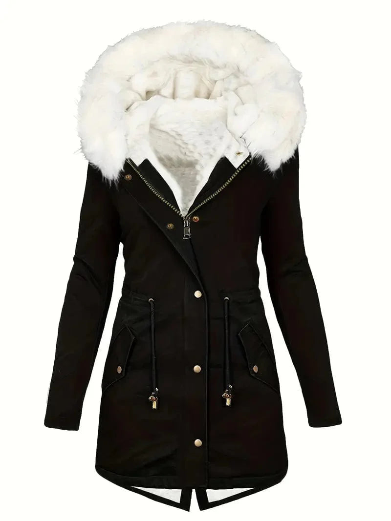 Zip-Up Faux Fur Hood Parka Coat with Thermal Lining