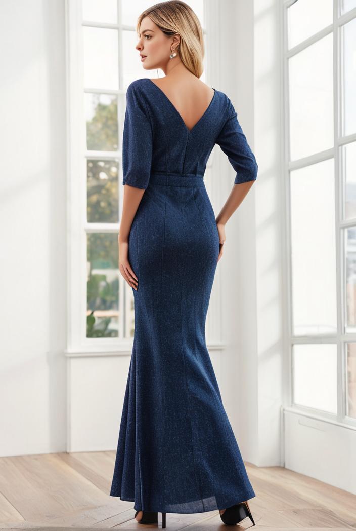 3 4 sleeve bodycon plunging back sequin evening dress 137511