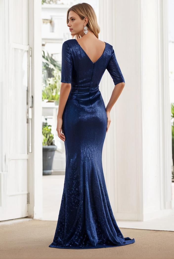 3 4 sleeve bodycon plunging back sequin evening dress 118088