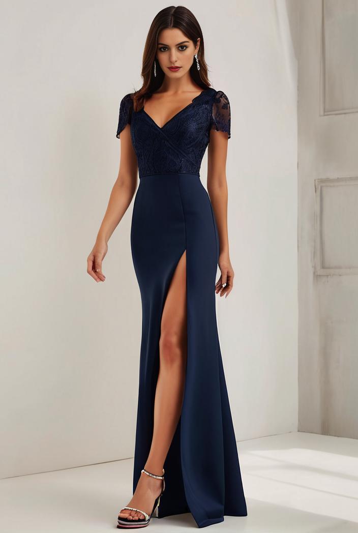 deep v neck sequin short sleeve high side front slit mother of the bride dress 139158