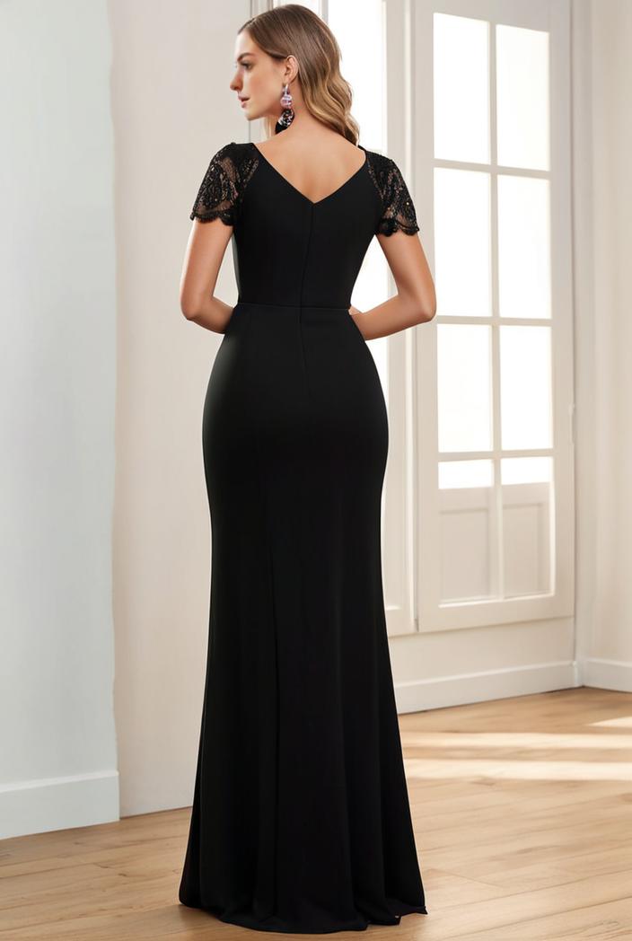 deep v neck sequin short sleeve high side front slit mother of the bride dress 139216