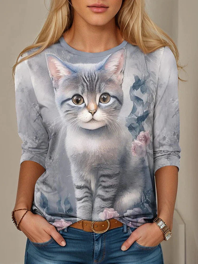 3D Black and Gray Cat Print Women's Long Sleeve T-shirt
