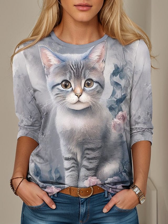 3D Black and Gray Cat Print Women's Long Sleeve T-shirt