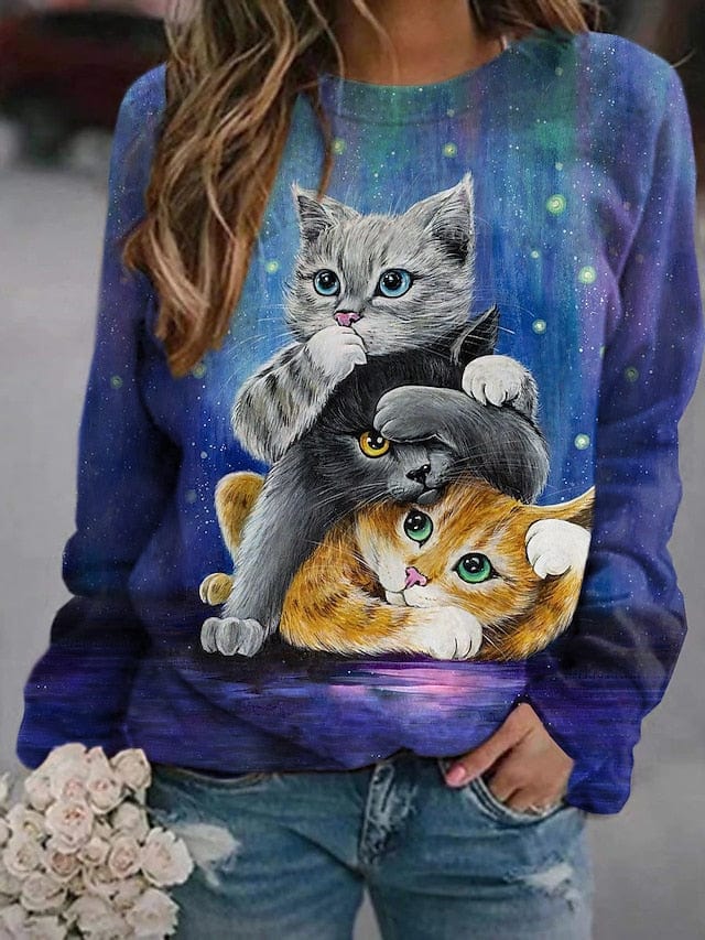 3D Brown Cat Print Women's Sweatshirt Pullover in Royal Blue, Brown Coffee, and Animal Print