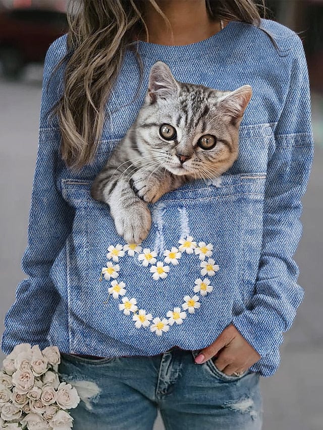 3D Brown Cat Print Women's Sweatshirt Pullover in Royal Blue, Brown Coffee, and Animal Print