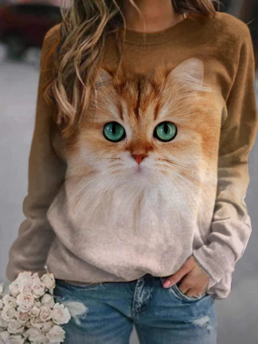 3D Brown Cat Print Women's Sweatshirt Pullover in Royal Blue, Brown Coffee, and Animal Print