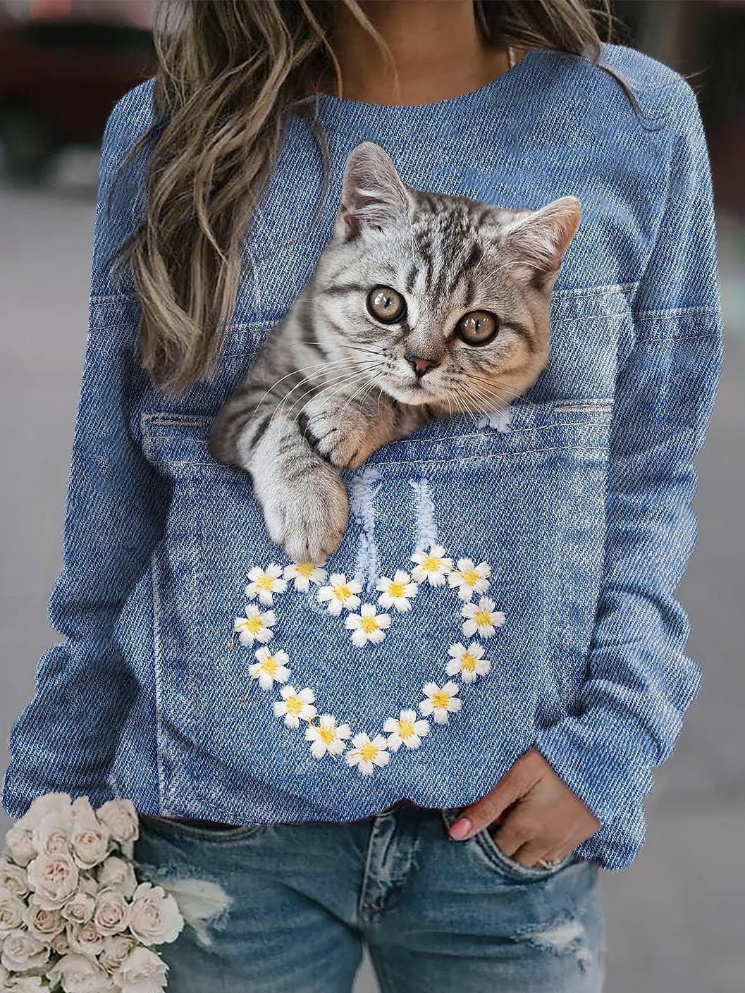 3D Brown Cat Print Women's Sweatshirt Pullover in Royal Blue, Brown Coffee, and Animal Print