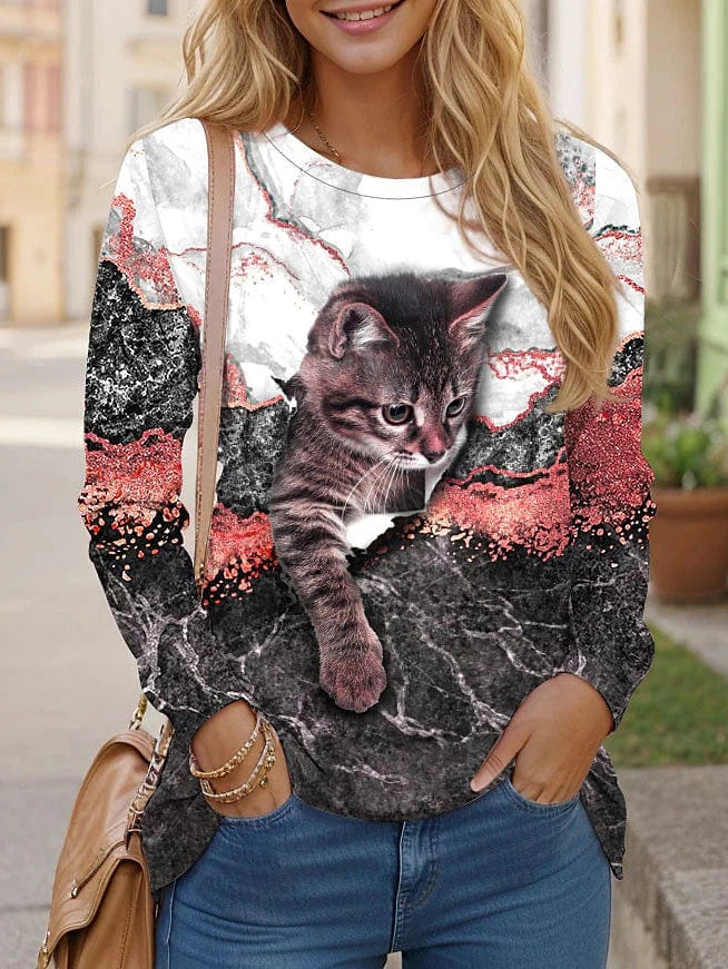 3D Cat Print Long Sleeve T-shirt for Women