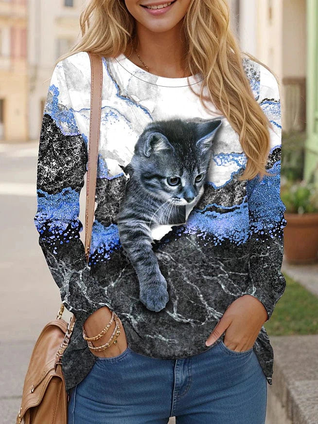 3D Cat Print Long Sleeve T-shirt for Women