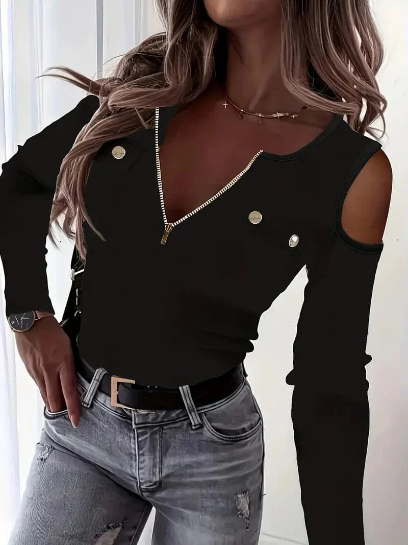 Zipper Color Block T-shirt, Casual Cold Shoulder Long Sleeve Tee for Women
