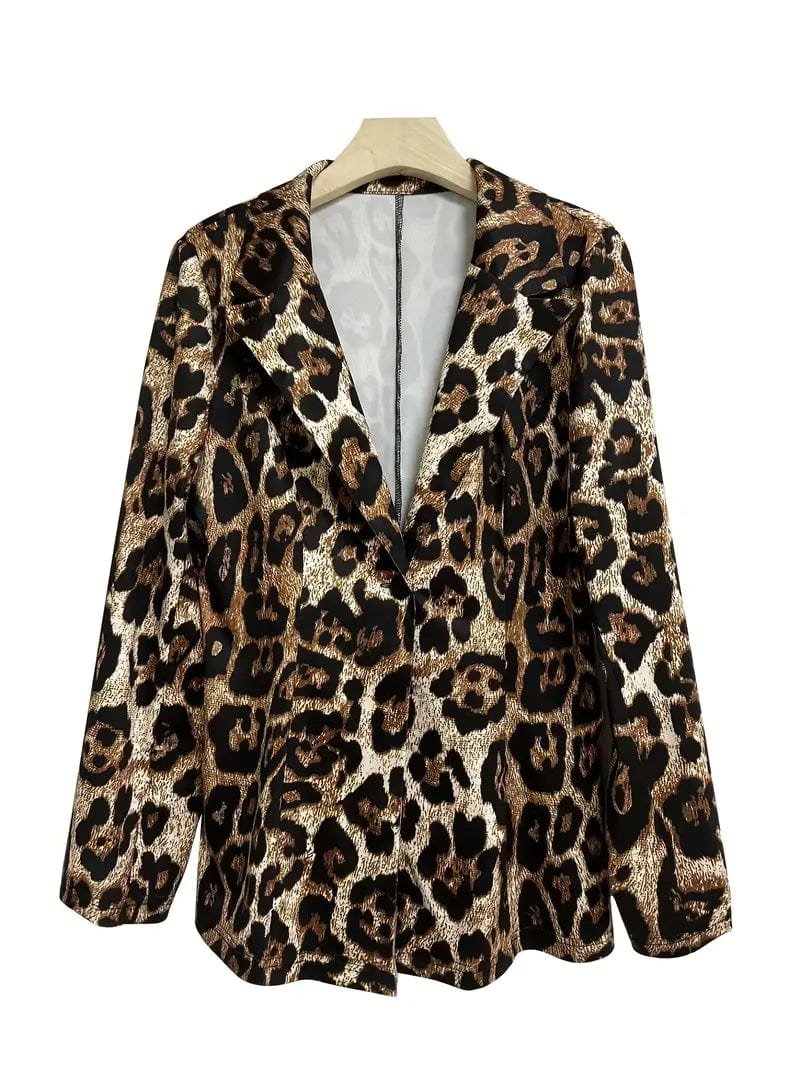 Leopard Print Casual Blazer with Lapel, Long Sleeve Women's Outerwear
