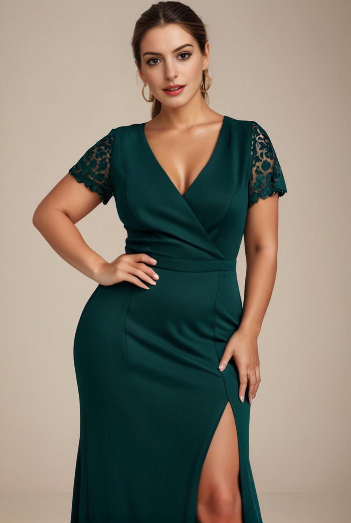 plus size front slit short sleeve with sequin mother of the bride dress 147910