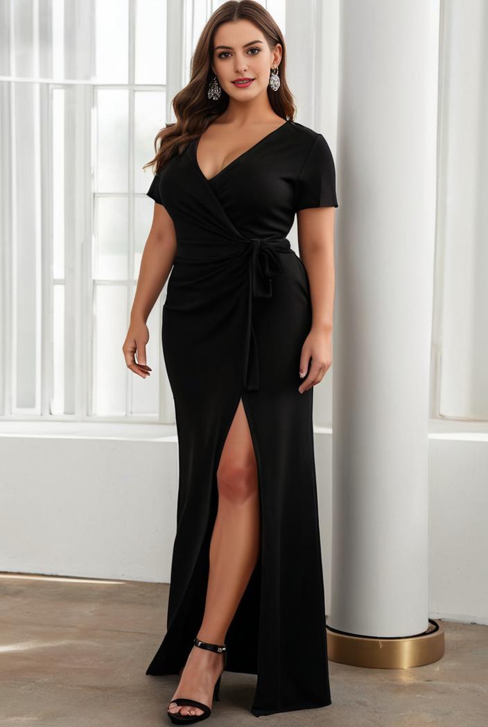 plus size front slit short sleeve with sequin mother of the bride dress 147917