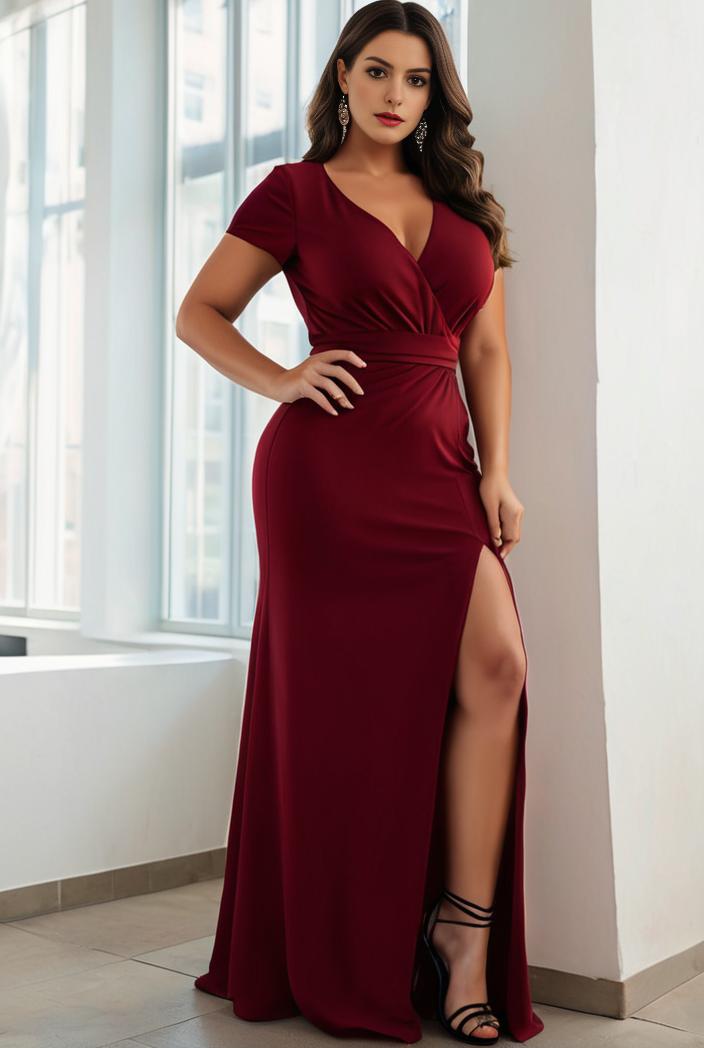 plus size front slit short sleeve with sequin mother of the bride dress 147926