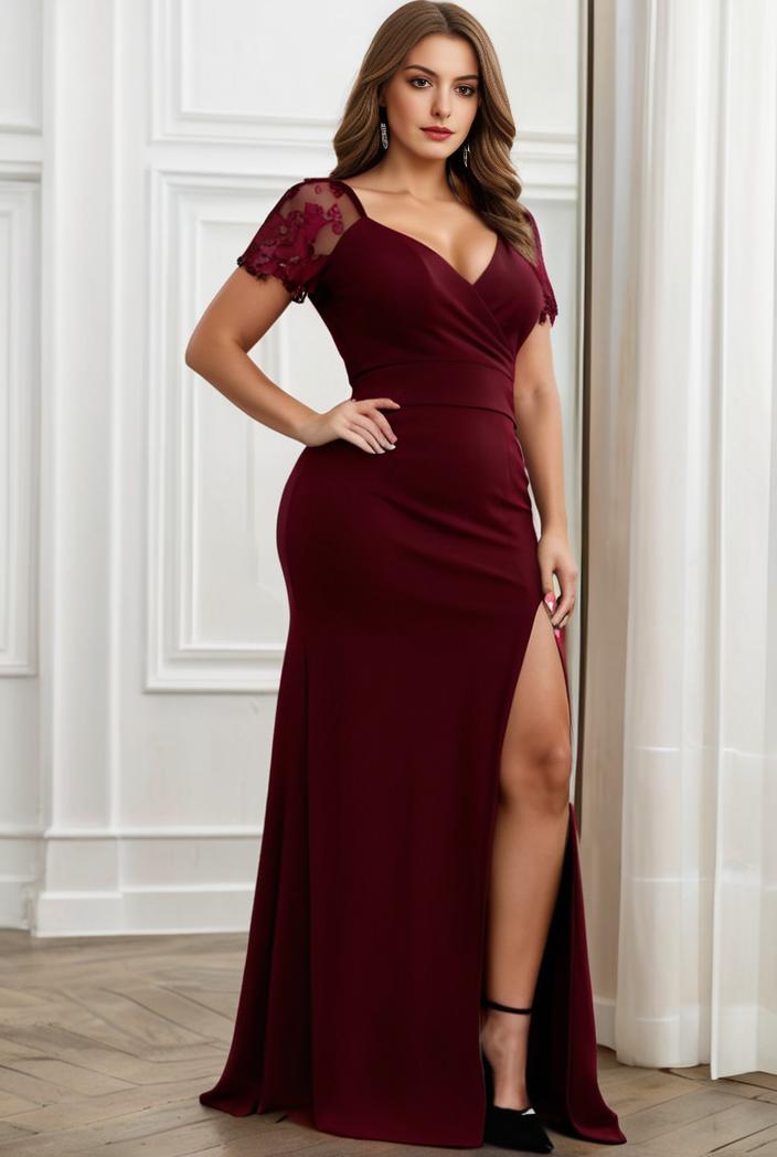 plus size front slit short sleeve with sequin mother of the bride dress 147928