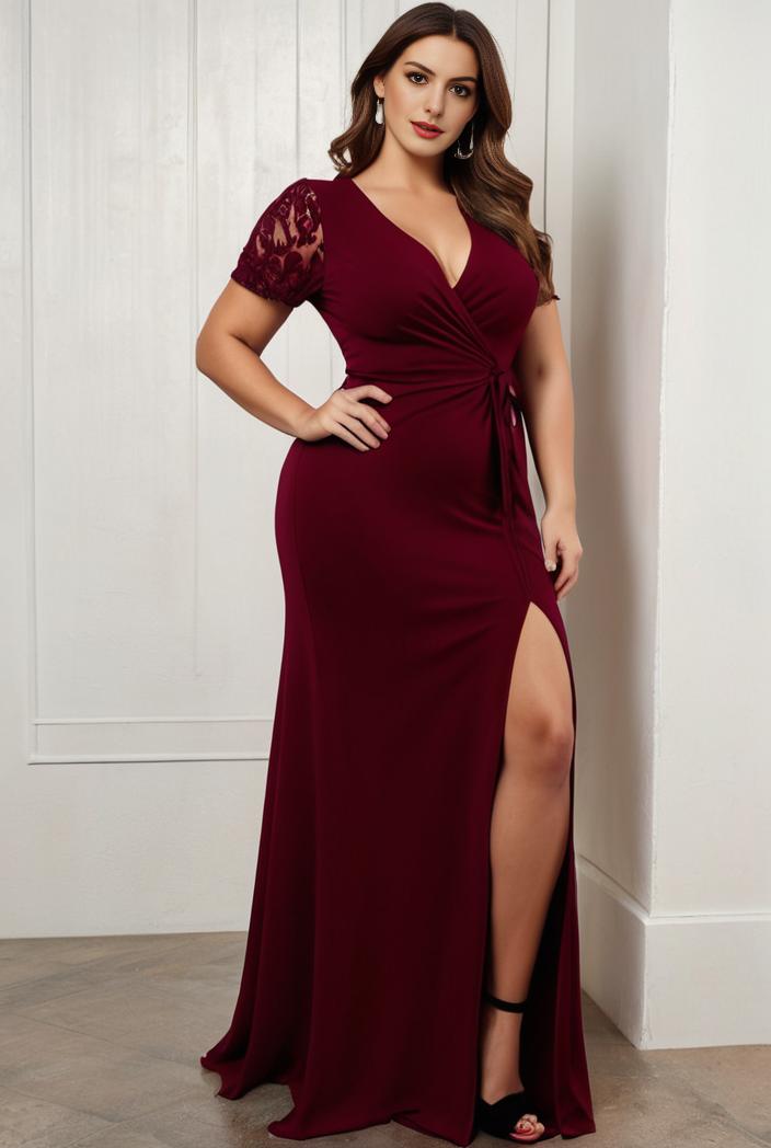 plus size front slit short sleeve with sequin mother of the bride dress 147931