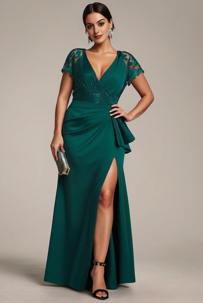 plus size front slit short sleeve with sequin mother of the bride dress 147935