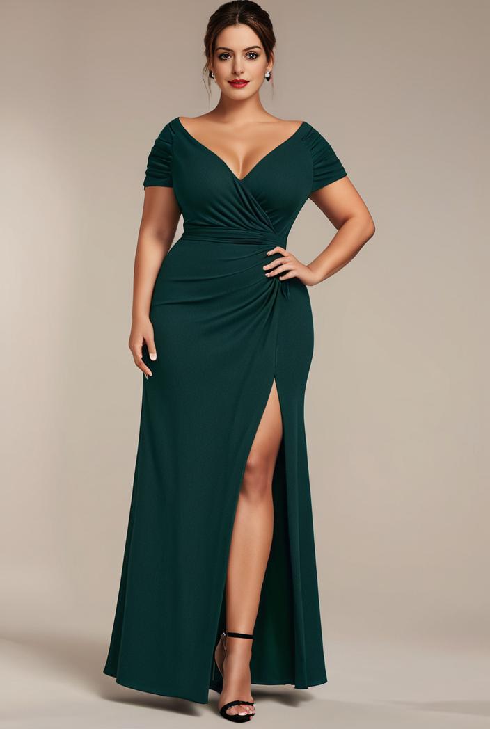 plus size front slit short sleeve with sequin mother of the bride dress 147933