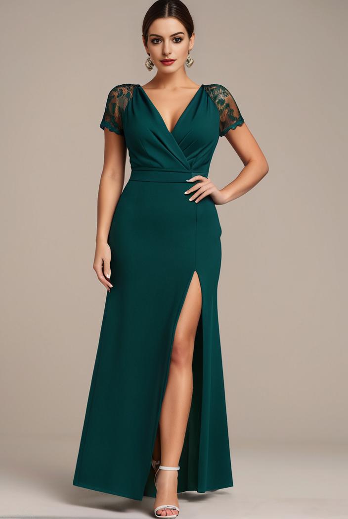 plus size front slit short sleeve with sequin mother of the bride dress 147939