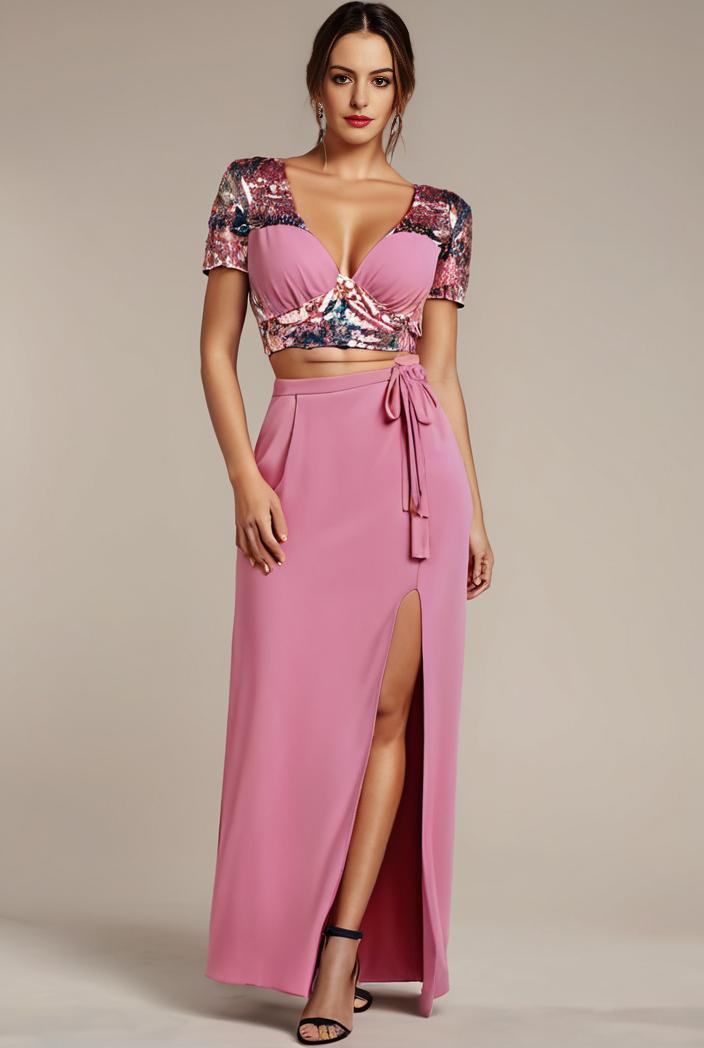 plus size front slit short sleeve with sequin mother of the bride dress 147943