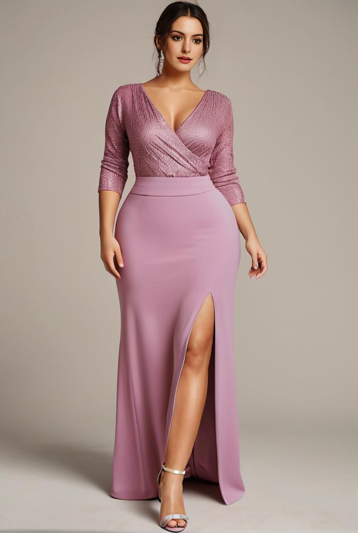 plus size front slit short sleeve with sequin mother of the bride dress 147947