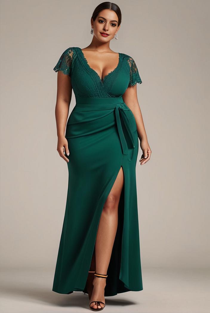 plus size front slit short sleeve with sequin mother of the bride dress 147981