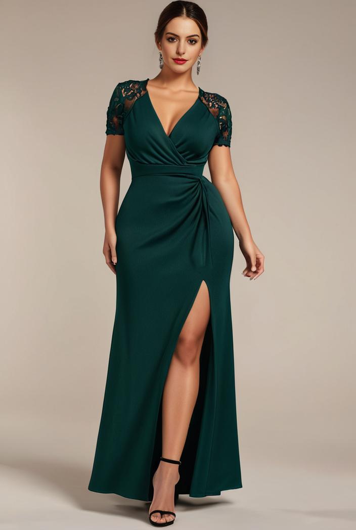 plus size front slit short sleeve with sequin mother of the bride dress 147983