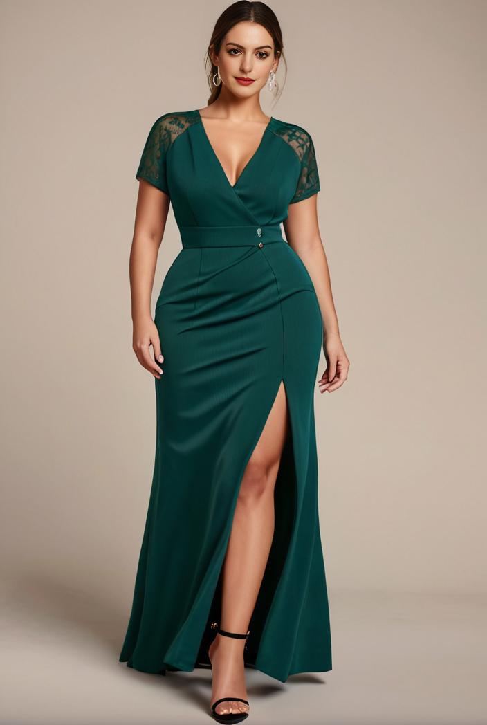 plus size front slit short sleeve with sequin mother of the bride dress 147984