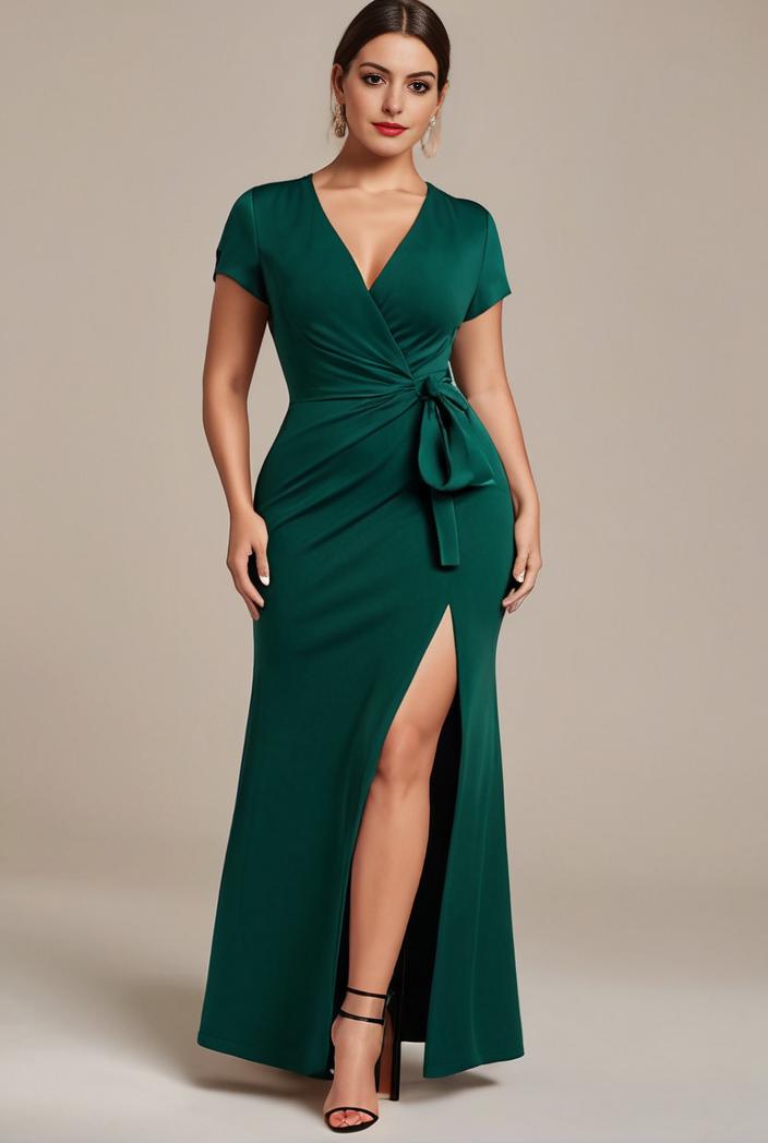 plus size front slit short sleeve with sequin mother of the bride dress 147987