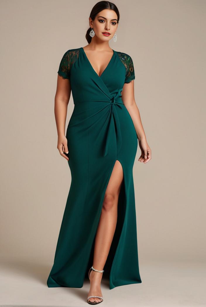 plus size front slit short sleeve with sequin mother of the bride dress 147985